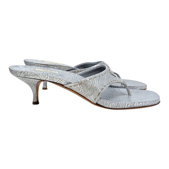 Vintage Prada Logo Kitten Heel Flip Flops Square Toe Sandal Mule Silver Blue 40 - Picture 6 of 13